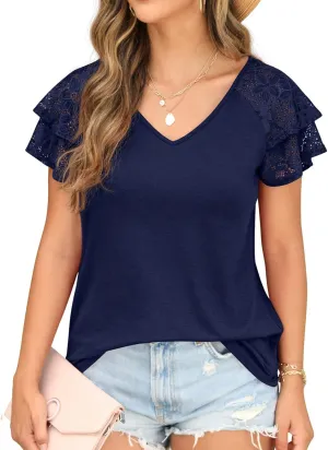 Womens Summer Tops Ruffle Sleeve with Lace Short Sleeve V Neck Shirts Casual Loose Fit T-shirts