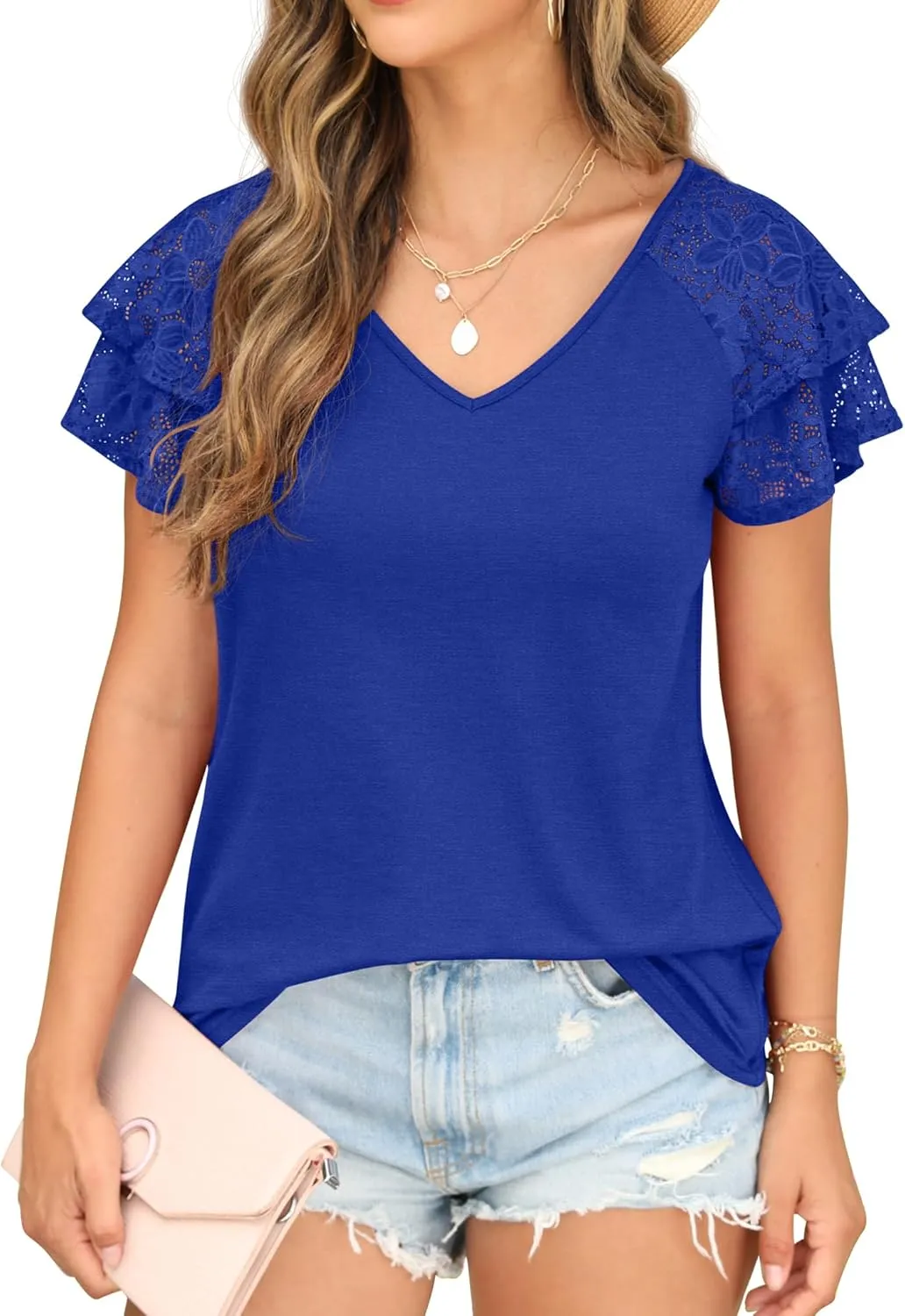 Womens Summer Tops Ruffle Sleeve with Lace Short Sleeve V Neck Shirts Casual Loose Fit T-shirts