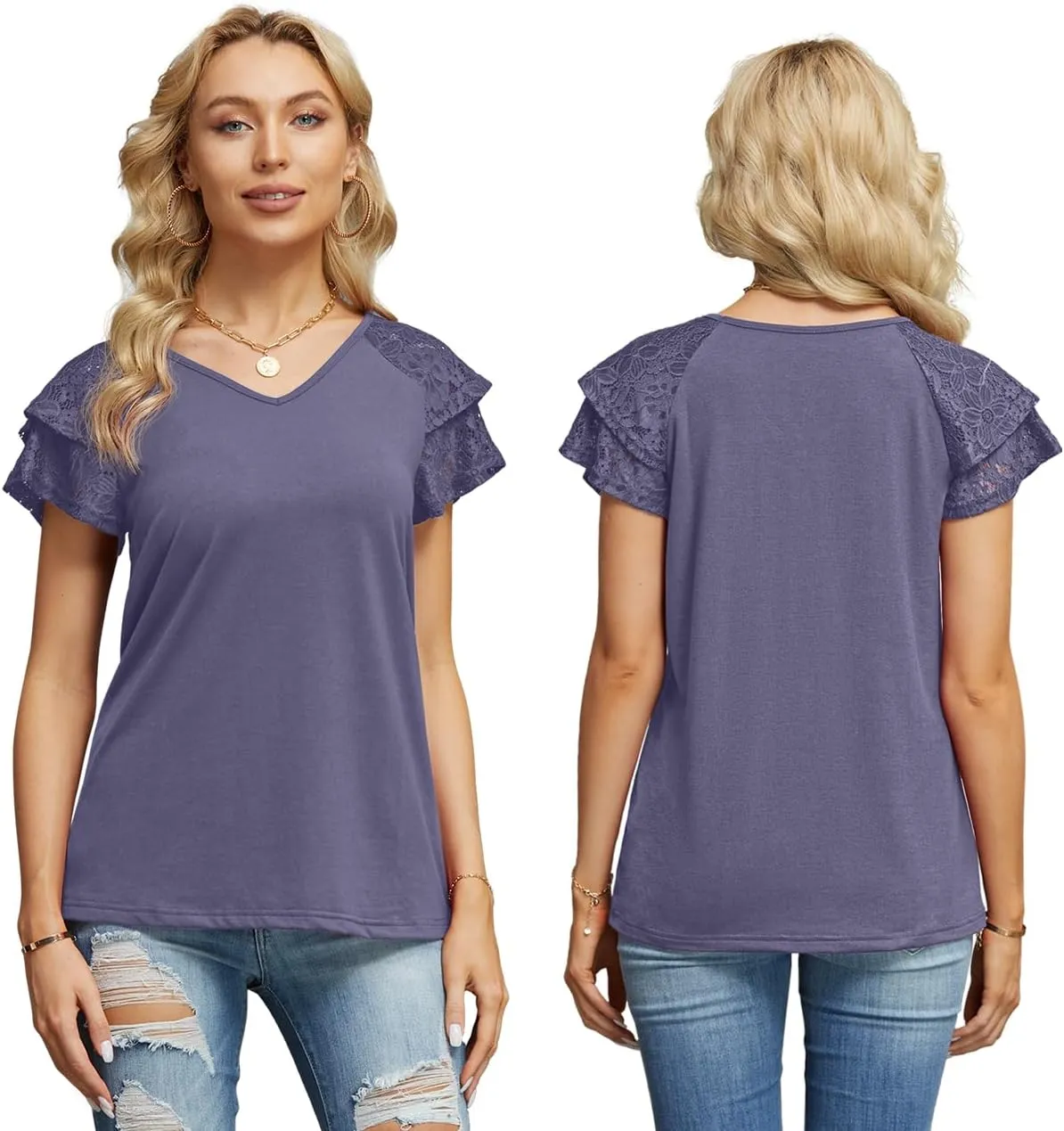 Womens Summer Tops Ruffle Sleeve with Lace Short Sleeve V Neck Shirts Casual Loose Fit T-shirts