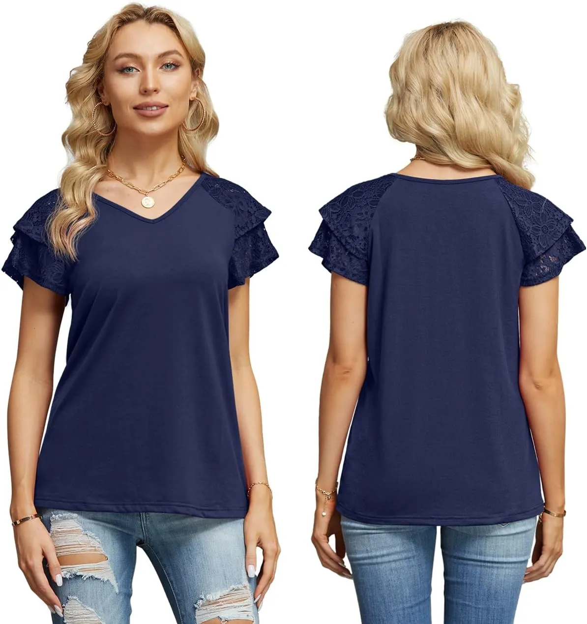 Womens Summer Tops Ruffle Sleeve with Lace Short Sleeve V Neck Shirts Casual Loose Fit T-shirts