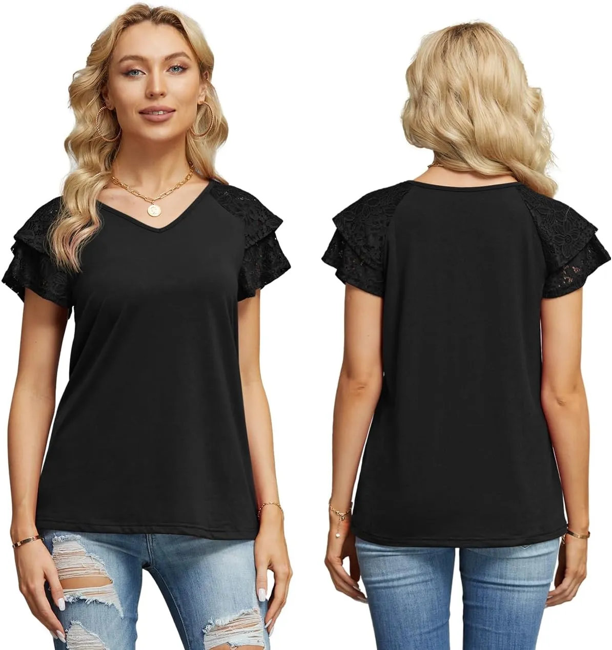 Womens Summer Tops Ruffle Sleeve with Lace Short Sleeve V Neck Shirts Casual Loose Fit T-shirts