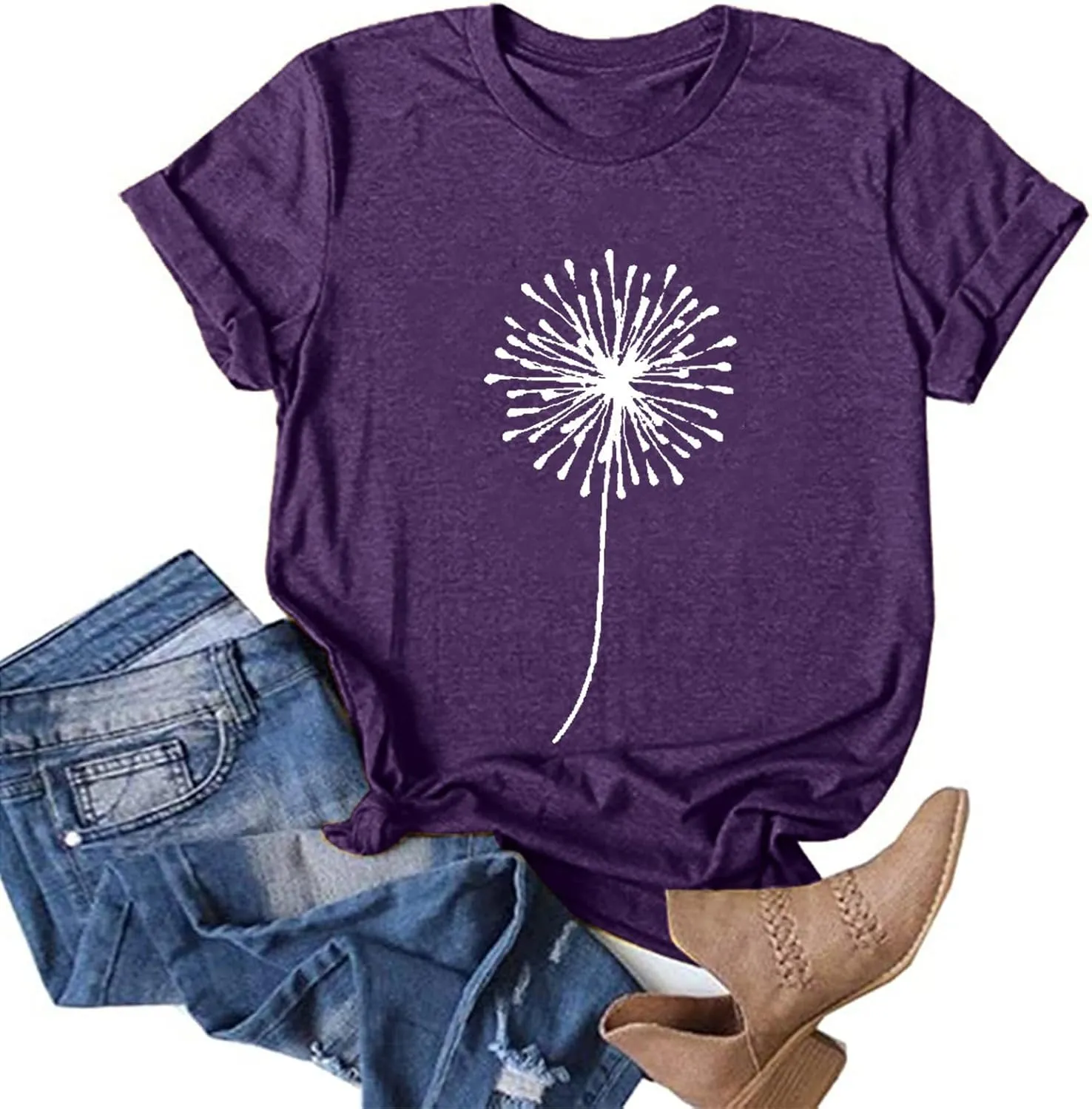 Womens T Shirts Cute Dandelion Graphic Tees Crewneck Short Sleeve Summer Tops Casual Loose Cotton Tshirts