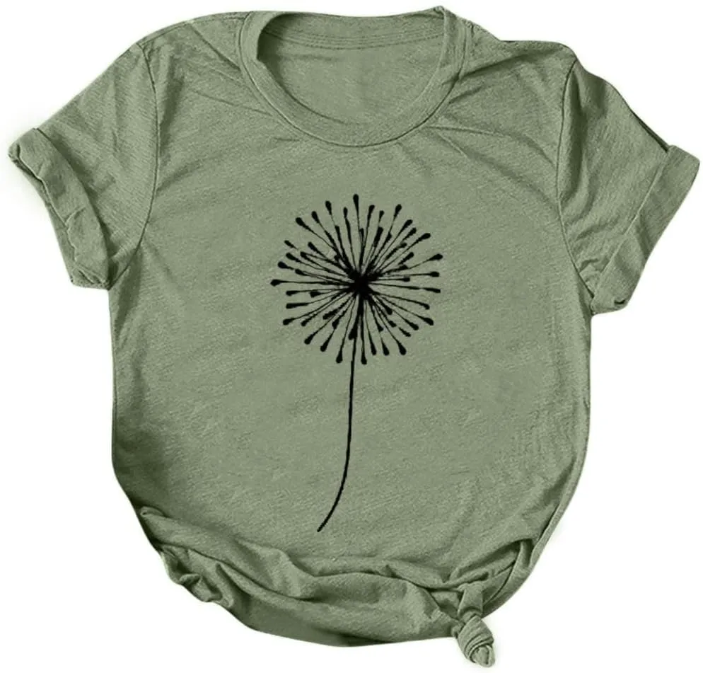 Womens T Shirts Cute Dandelion Graphic Tees Crewneck Short Sleeve Summer Tops Casual Loose Cotton Tshirts