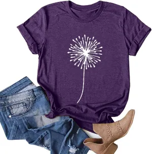 Womens T Shirts Cute Dandelion Graphic Tees Crewneck Short Sleeve Summer Tops Casual Loose Cotton Tshirts