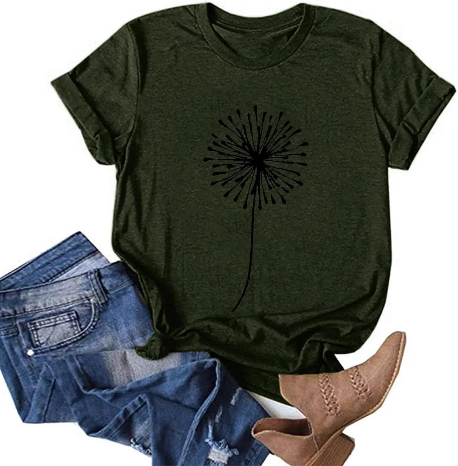 Womens T Shirts Cute Dandelion Graphic Tees Crewneck Short Sleeve Summer Tops Casual Loose Cotton Tshirts