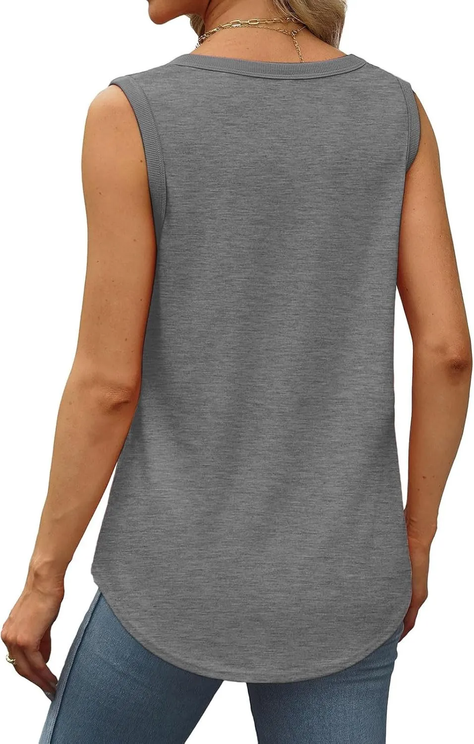 Womens Tank Tops Summer Loose Fit Casual Flowy Sleeveless Tops Ribbed Trim Scoop Neck Curved Hem Trendy T Shirt 2025