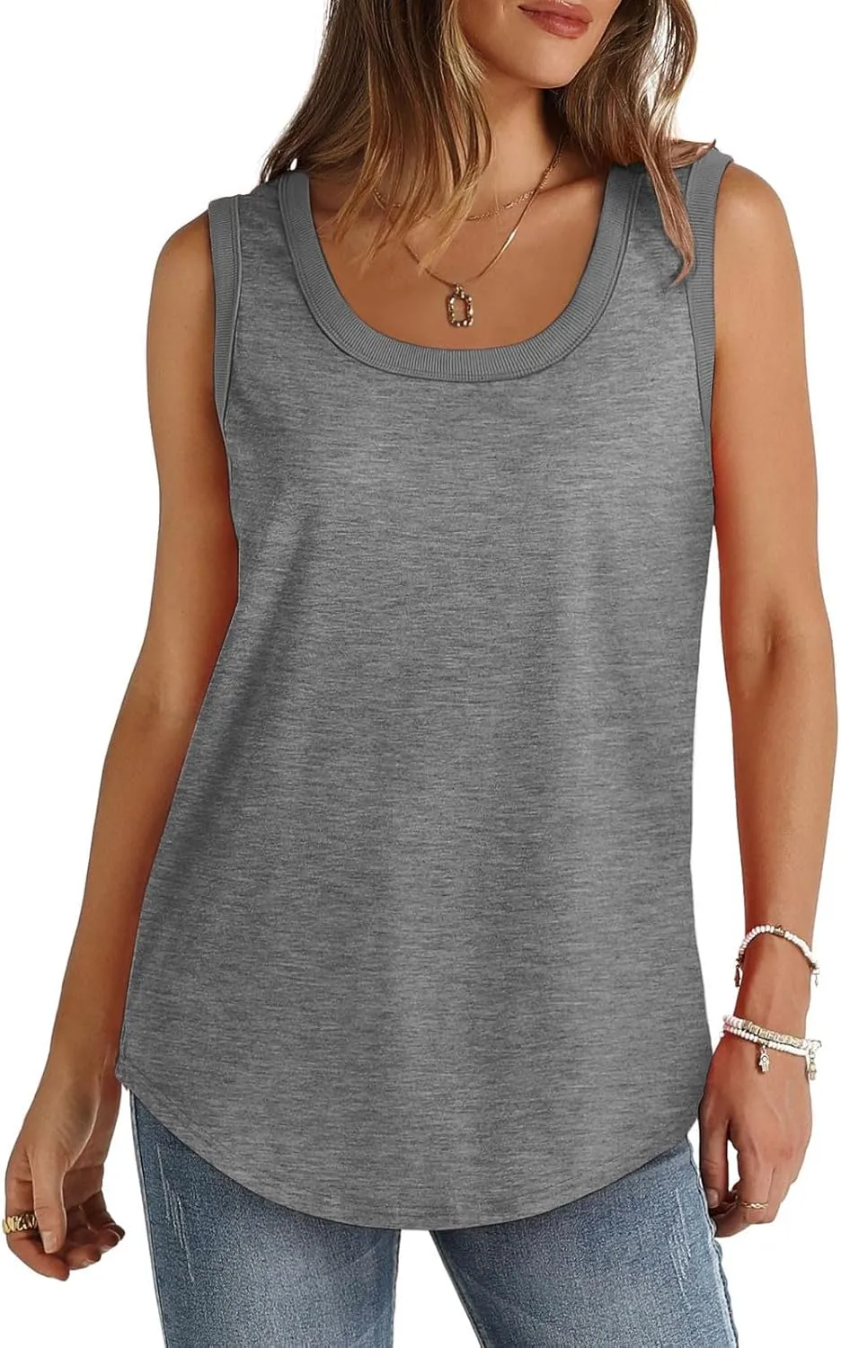 Womens Tank Tops Summer Loose Fit Casual Flowy Sleeveless Tops Ribbed Trim Scoop Neck Curved Hem Trendy T Shirt 2025