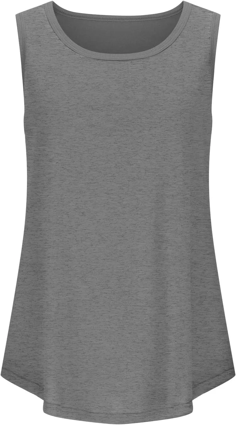 Womens Tank Tops Summer Loose Fit Casual Flowy Sleeveless Tops Ribbed Trim Scoop Neck Curved Hem Trendy T Shirt 2025