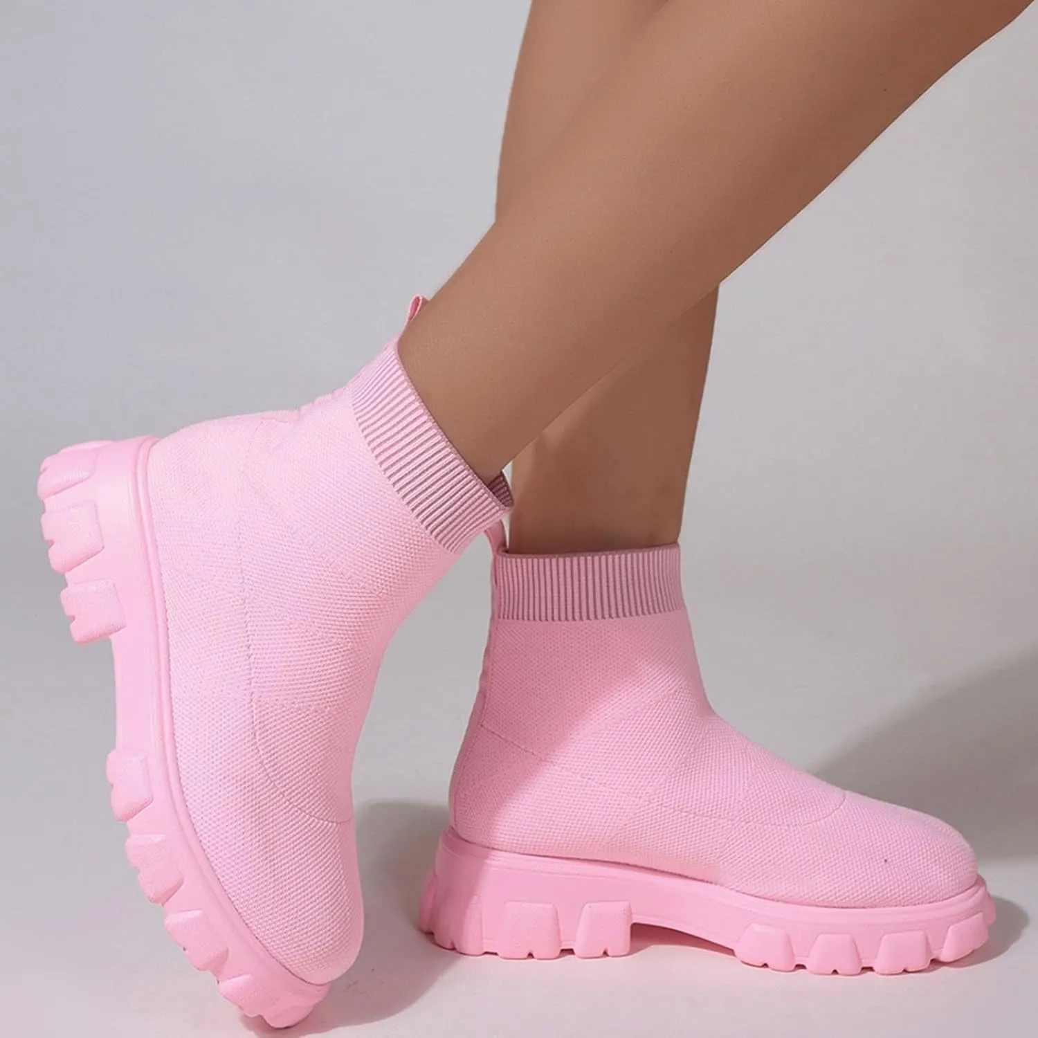 Women's Thick Bottom Boots Ankle Boots Thick Soles Round Toe Non Slip Solid Color Fly Woven Mesh Knit Flat