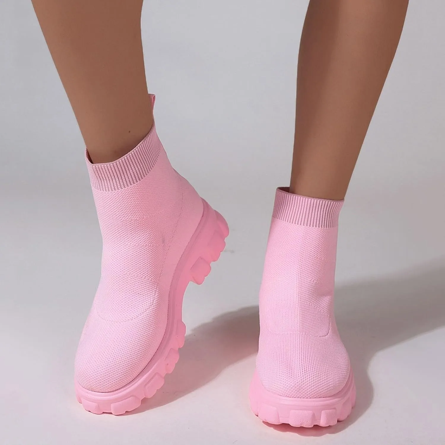 Women's Thick Bottom Boots Ankle Boots Thick Soles Round Toe Non Slip Solid Color Fly Woven Mesh Knit Flat