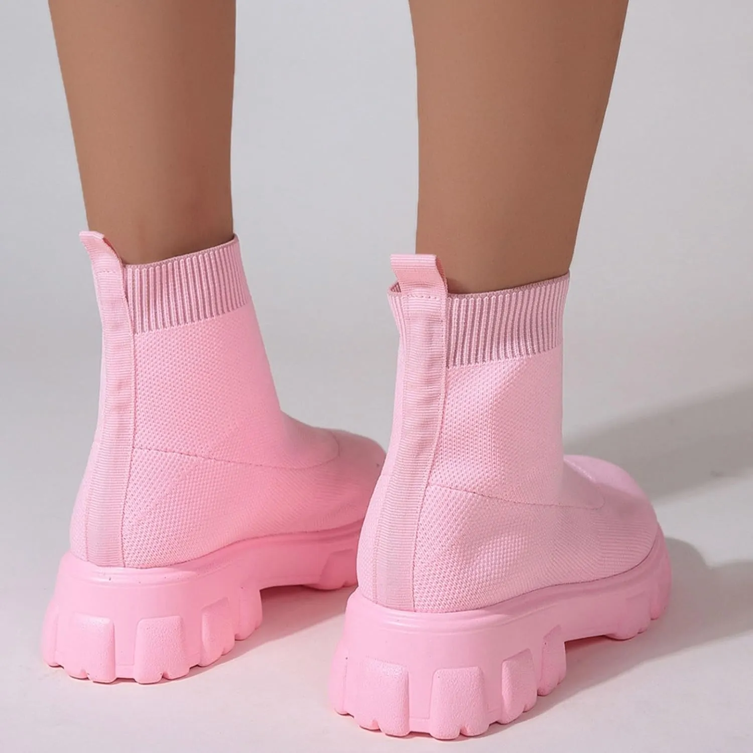 Women's Thick Bottom Boots Ankle Boots Thick Soles Round Toe Non Slip Solid Color Fly Woven Mesh Knit Flat