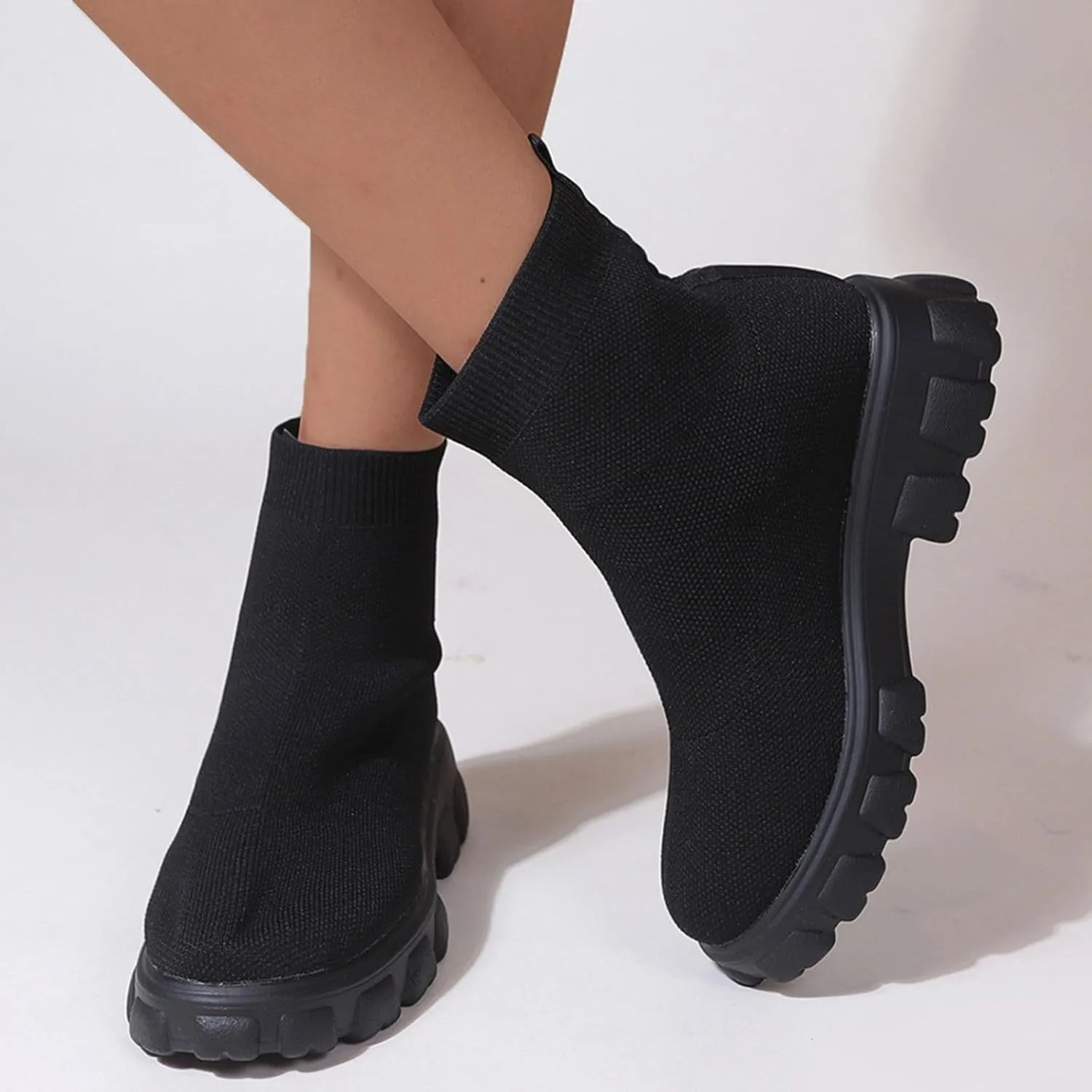 Women's Thick Bottom Boots Ankle Boots Thick Soles Round Toe Non Slip Solid Color Fly Woven Mesh Womens Flat Boots Short