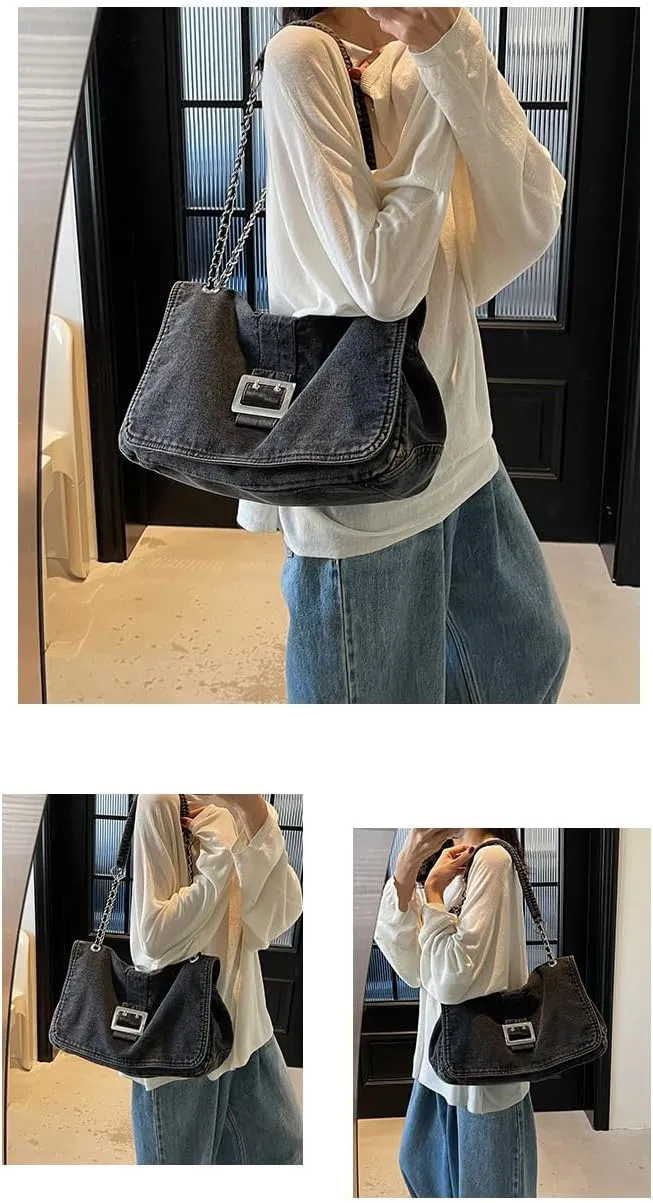 Women's Vintage Denim Shoulder Bag - Large Capacity Crossbody Tote with Adjustable Chain Strap Cute Handbag y2k Purse
