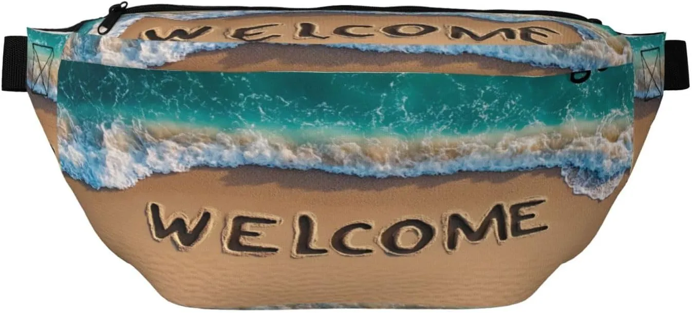 Word Welcome Written On The Beach Fanny Pack For Women Man, Waist Belt Bag Crossbody For Sports Travel Hiking Running Jogging