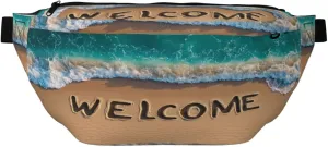 Word Welcome Written On The Beach Fanny Pack For Women Man, Waist Belt Bag Crossbody For Sports Travel Hiking Running Jogging
