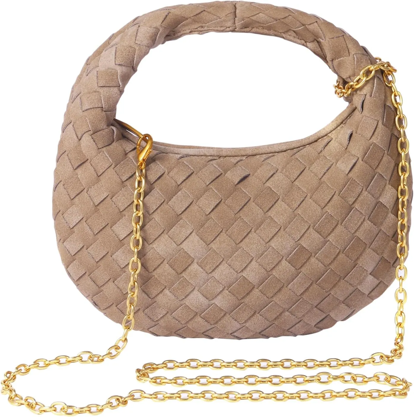 Woven Suede Top-Handle Dumpling Clutch Purse Bag For Women, Women's Small Shoulder Bag Handbags With Detachable Chain 2024.Khaki