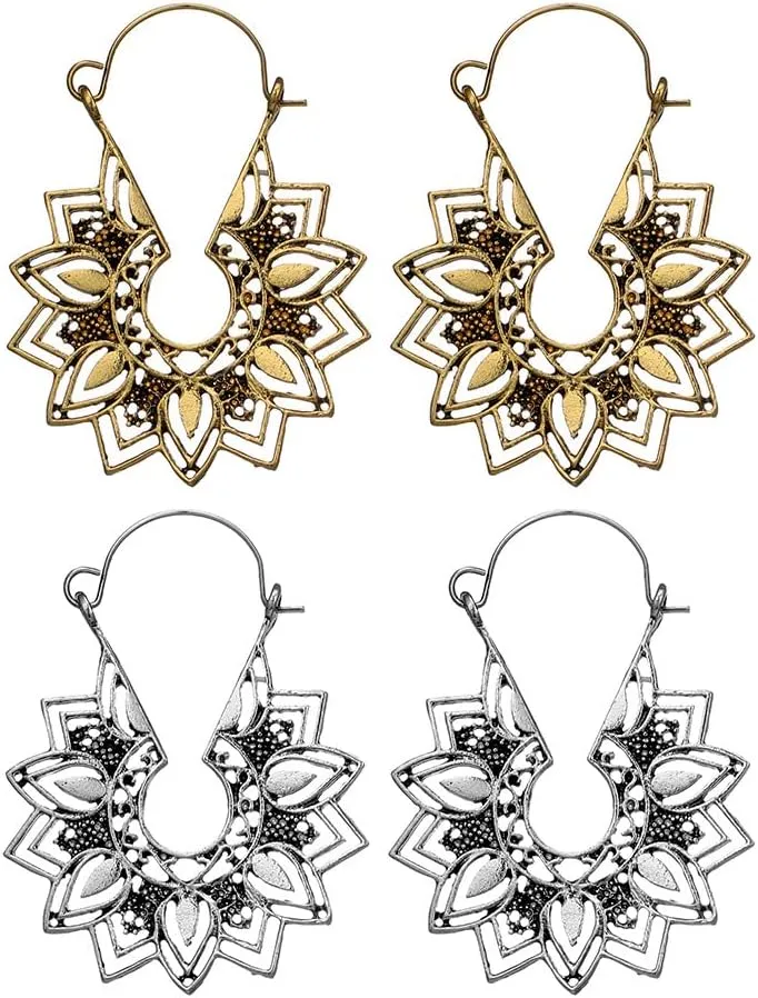 Ximimark 2 PCS Mandala Hoop Earrings Vintage Ethnic Tribal Hollow Flower Dangle Drop Earrings Boho Geometric Jewelry