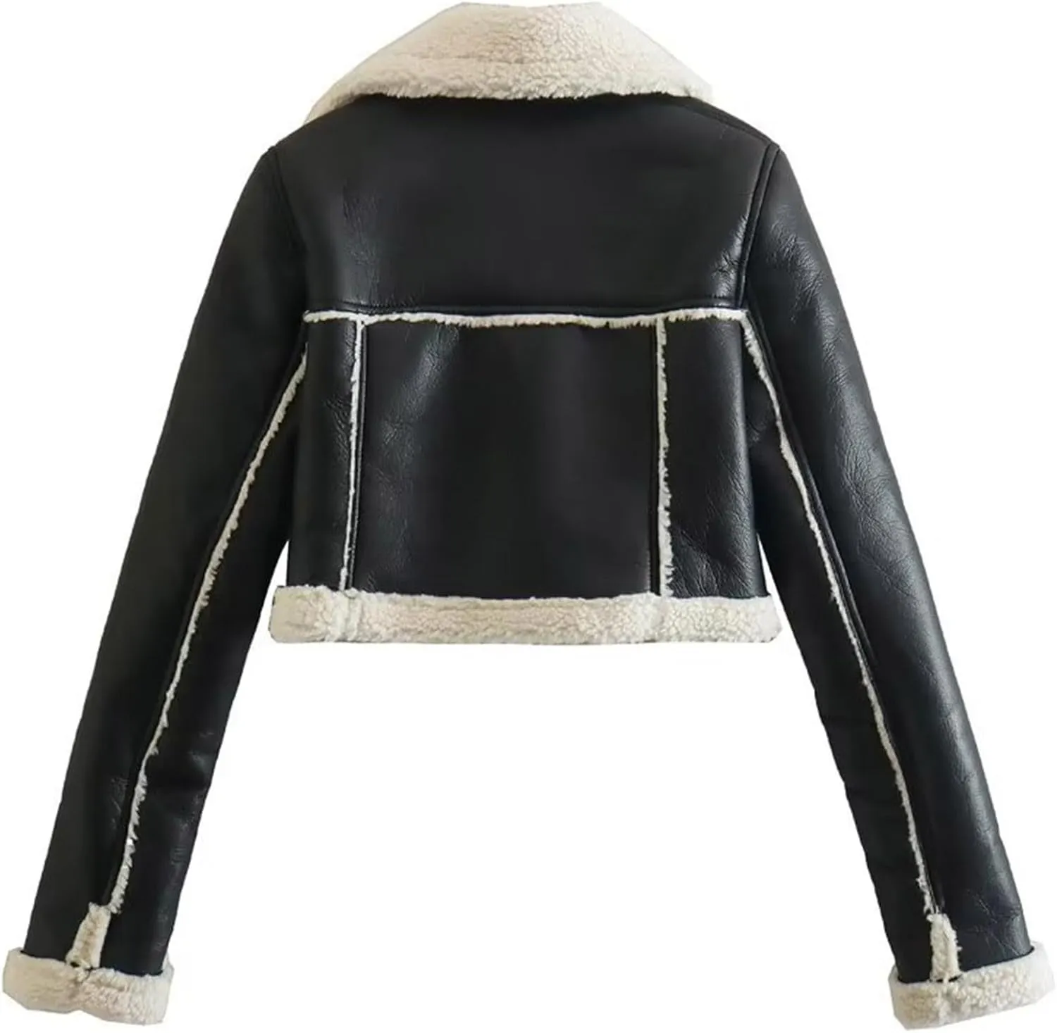 XUNRYAN Faux-Leather Jackets Womens Winter Coat Cropped Sherpa Fleece Jacket 2023 Fashion Clothes Zip Up Moto Coat Outerwear