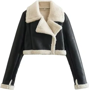 XUNRYAN Faux-Leather Jackets Womens Winter Coat Cropped Sherpa Fleece Jacket 2023 Fashion Clothes Zip Up Moto Coat Outerwear