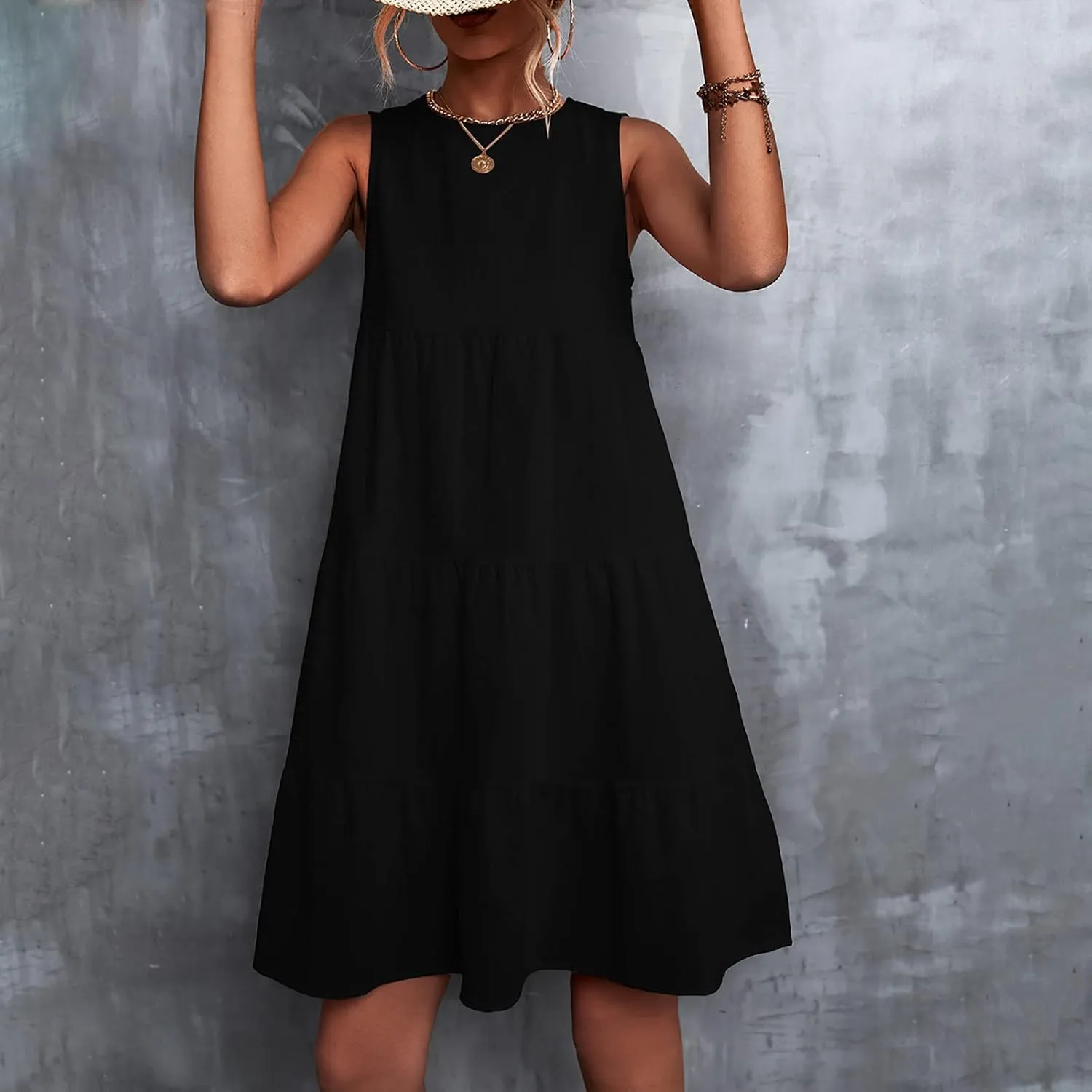 XUNRYAN Summer Women's Casual Tank T Shirt Dresses Sleeveless Babydoll Slip Gown Tiered Ruffle Mini Dress Short Beach Dress