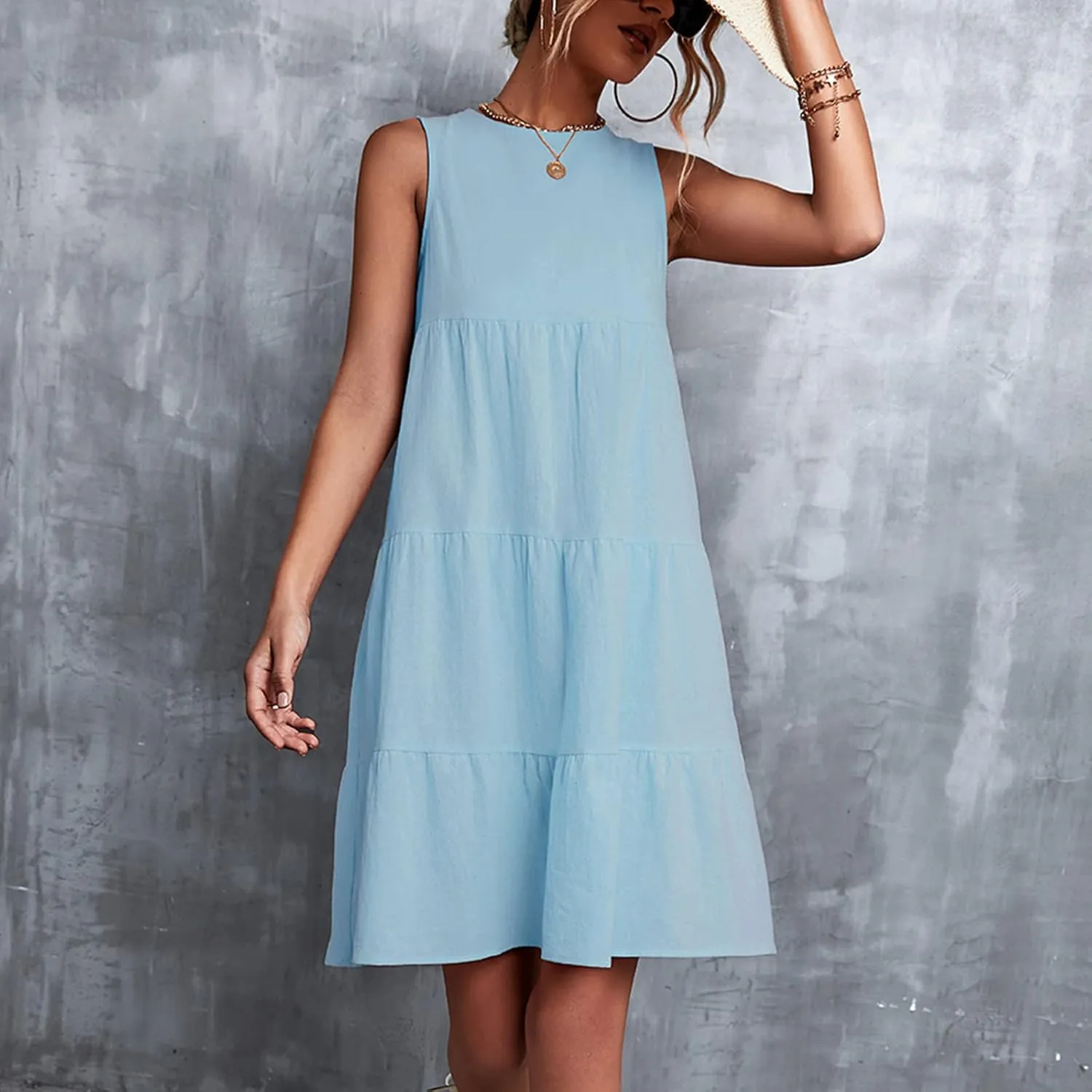 XUNRYAN Summer Women's Casual Tank T Shirt Dresses Sleeveless Babydoll Slip Gown Tiered Ruffle Mini Dress Short Beach Dress