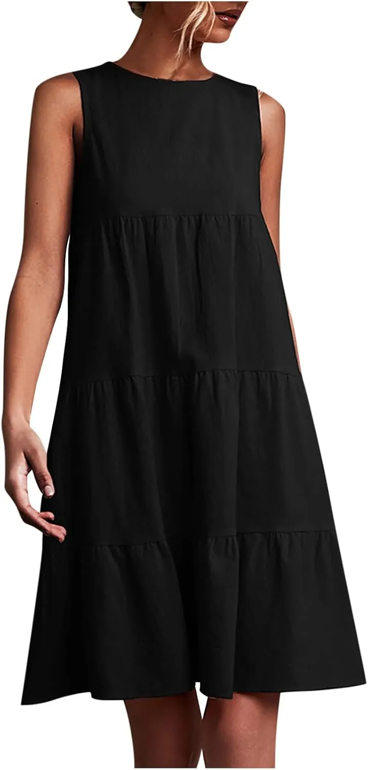 XUNRYAN Summer Women's Casual Tank T Shirt Dresses Sleeveless Babydoll Slip Gown Tiered Ruffle Mini Dress Short Beach Dress