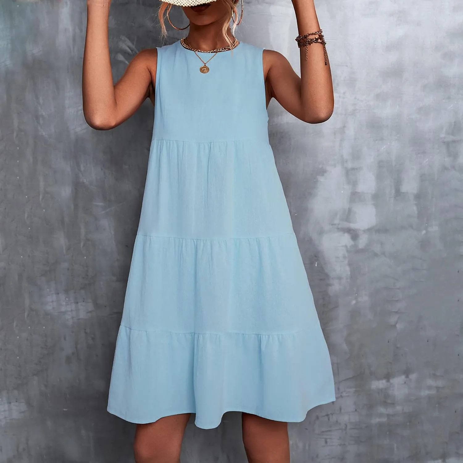 XUNRYAN Summer Women's Casual Tank T Shirt Dresses Sleeveless Babydoll Slip Gown Tiered Ruffle Mini Dress Short Beach Dress