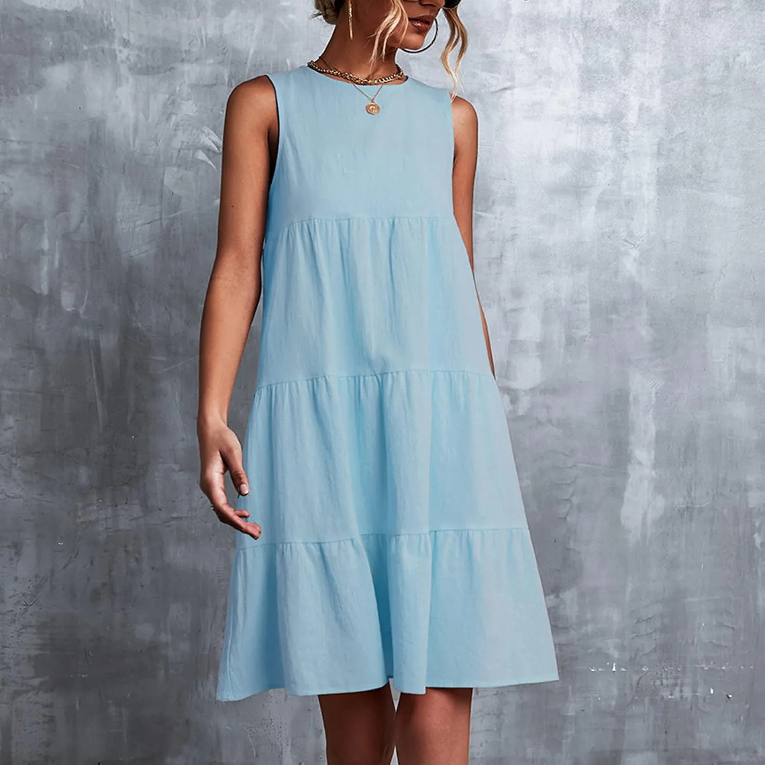XUNRYAN Summer Women's Casual Tank T Shirt Dresses Sleeveless Babydoll Slip Gown Tiered Ruffle Mini Dress Short Beach Dress