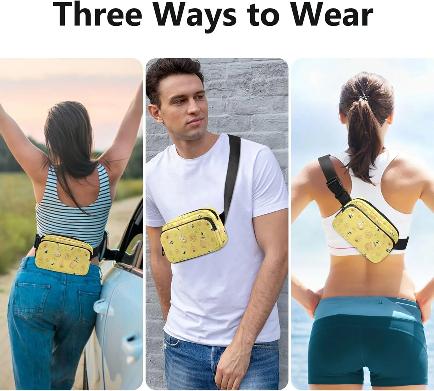 Yellow Bee Honeycomb Fanny Packs for Women Waterproof Hip Bag Belt Pouch Colorful Travel Waist Pack for Men