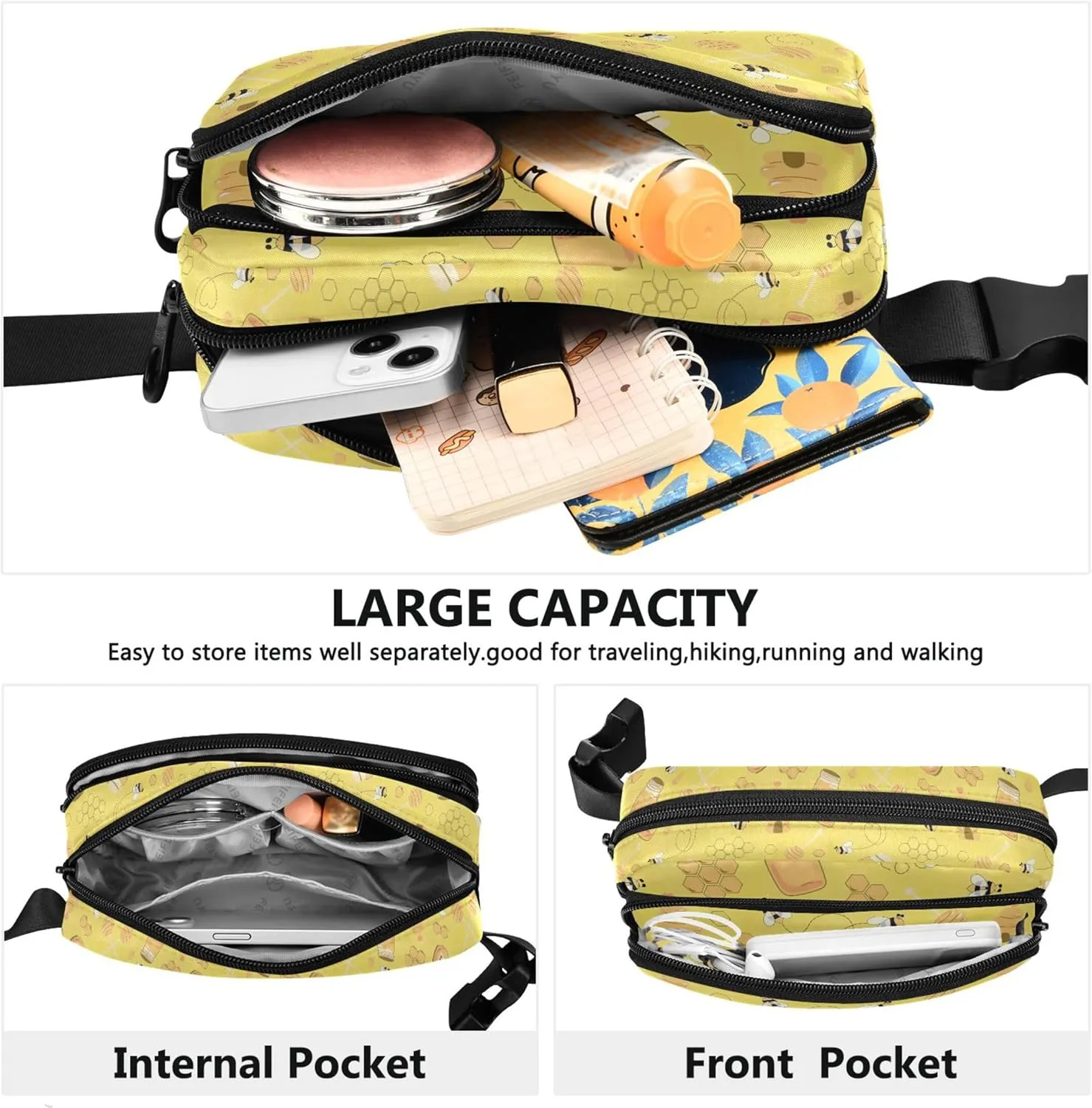 Yellow Bee Honeycomb Fanny Packs for Women Waterproof Hip Bag Belt Pouch Colorful Travel Waist Pack for Men