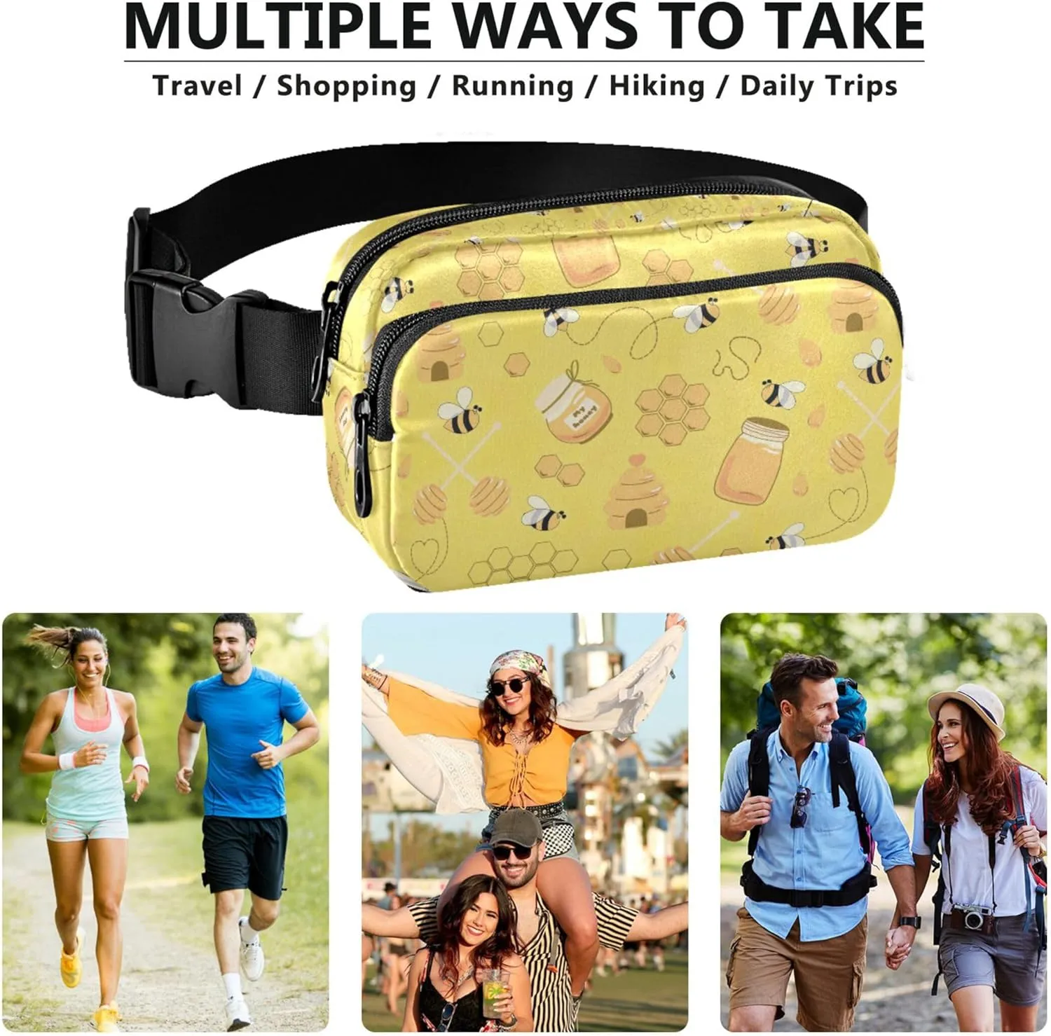 Yellow Bee Honeycomb Fanny Packs for Women Waterproof Hip Bag Belt Pouch Colorful Travel Waist Pack for Men