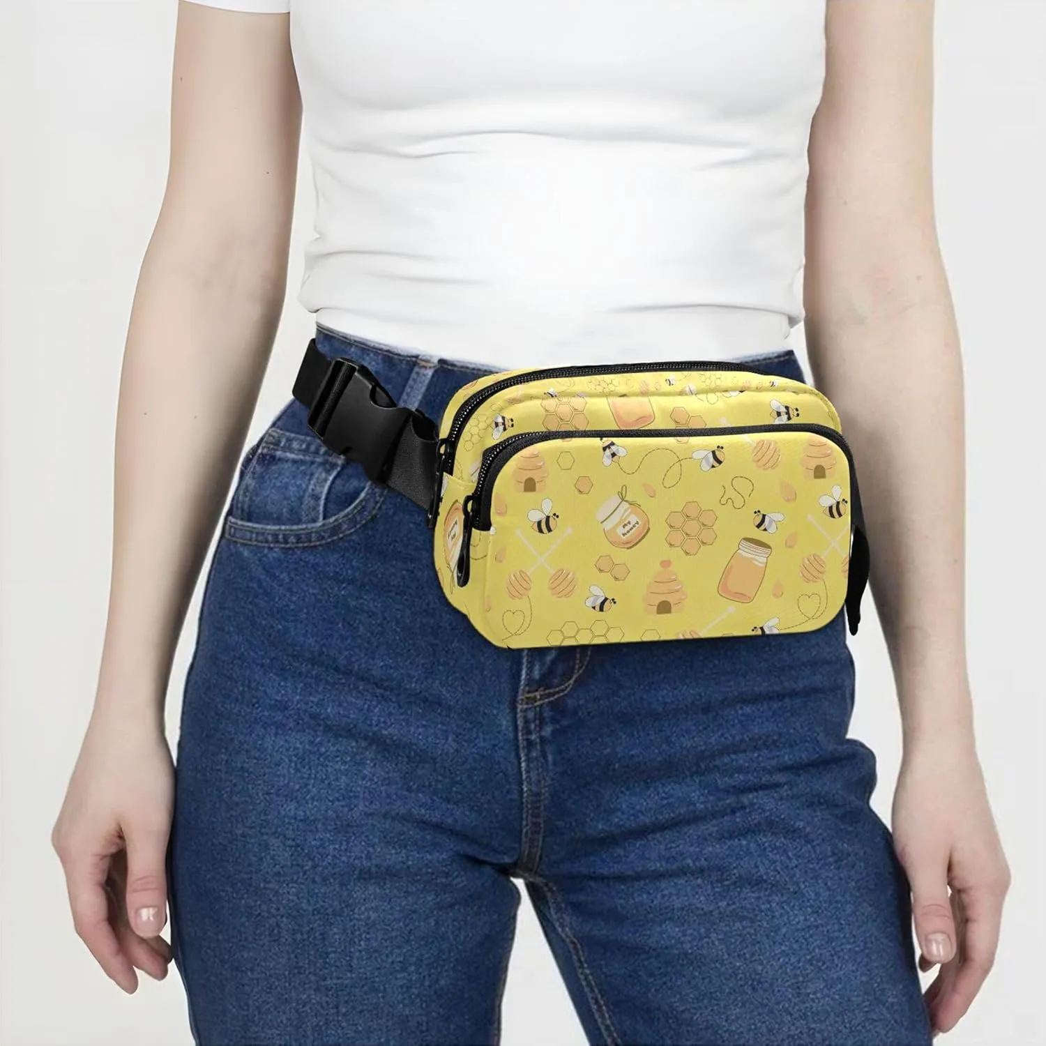 Yellow Bee Honeycomb Fanny Packs for Women Waterproof Hip Bag Belt Pouch Colorful Travel Waist Pack for Men