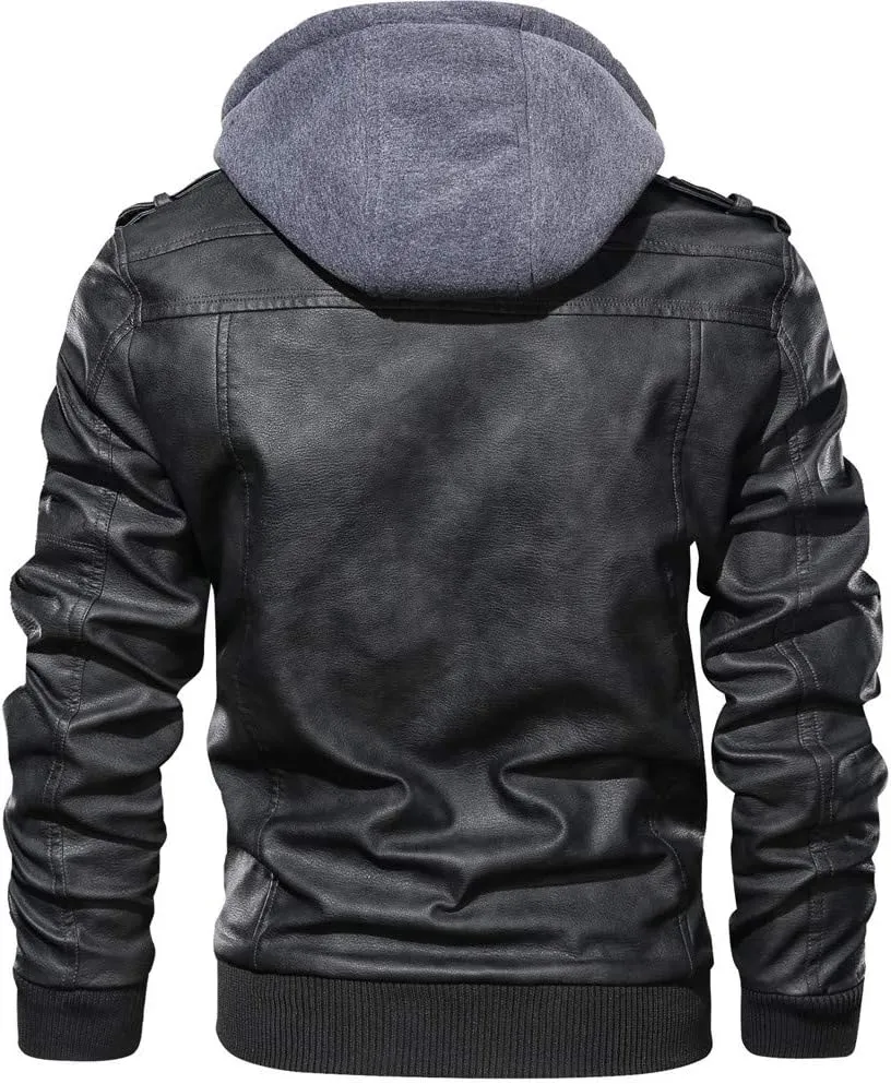 Ymosrh Men's Leather Jacket Faux Motorcycle Jacket Pu Bomber with Hood Jackets, S-L