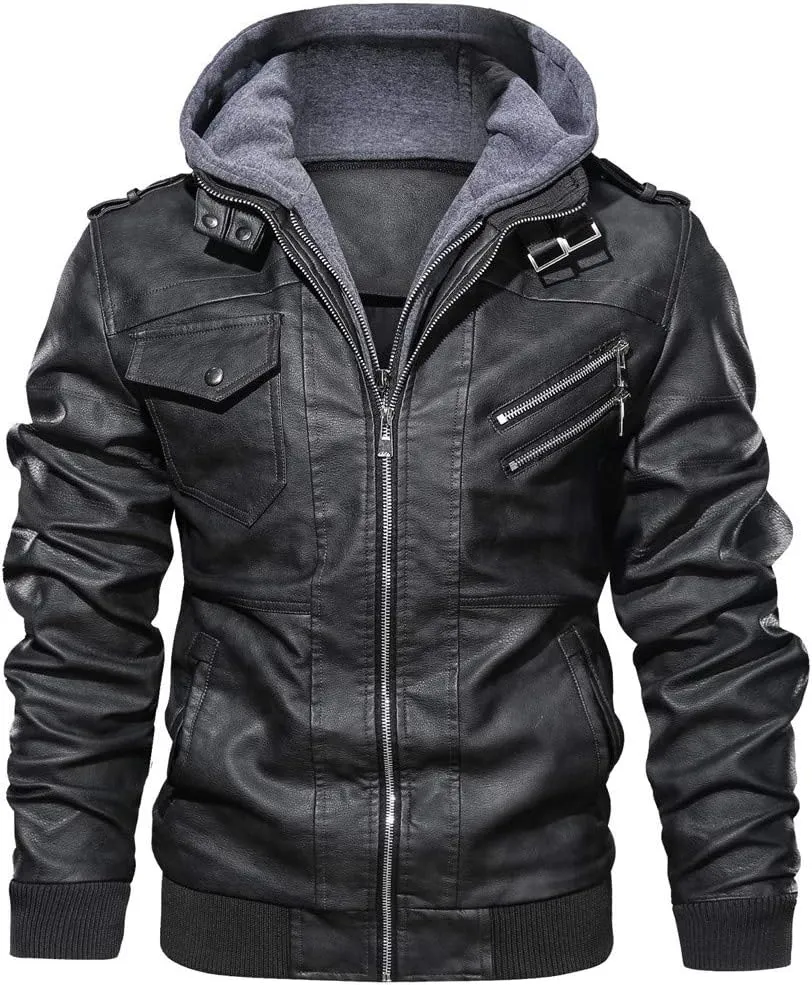 Ymosrh Men's Leather Jacket Faux Motorcycle Jacket Pu Bomber with Hood Jackets, S-L