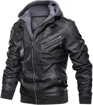 Ymosrh Men's Leather Jacket Faux Motorcycle Jacket Pu Bomber with Hood Jackets, S-L
