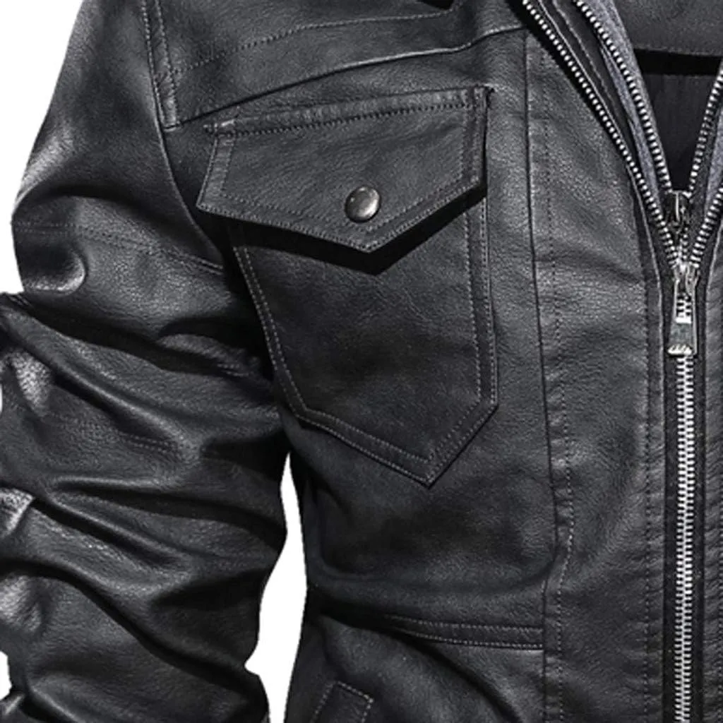 Ymosrh Men's Leather Jacket Faux Motorcycle Jacket Pu Bomber with Hood Jackets, S-L