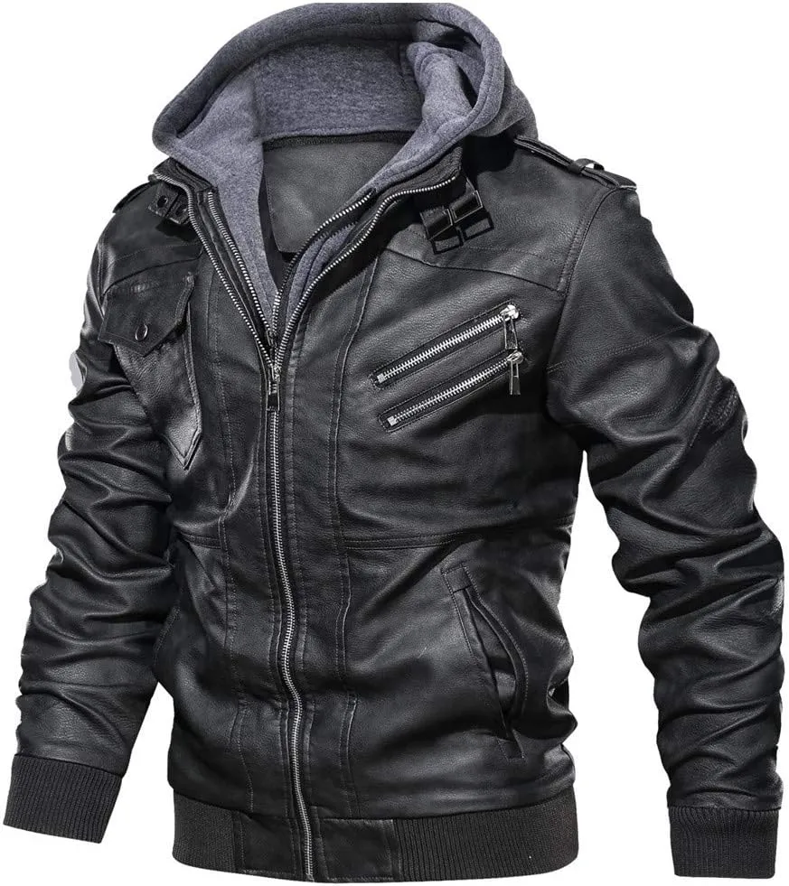 Ymosrh Men's Leather Jacket Faux Motorcycle Jacket Pu Bomber with Hood Jackets, S-L
