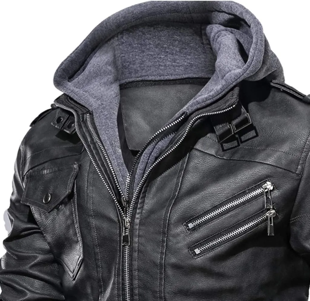 Ymosrh Men's Leather Jacket Faux Motorcycle Jacket Pu Bomber with Hood Jackets, S-L