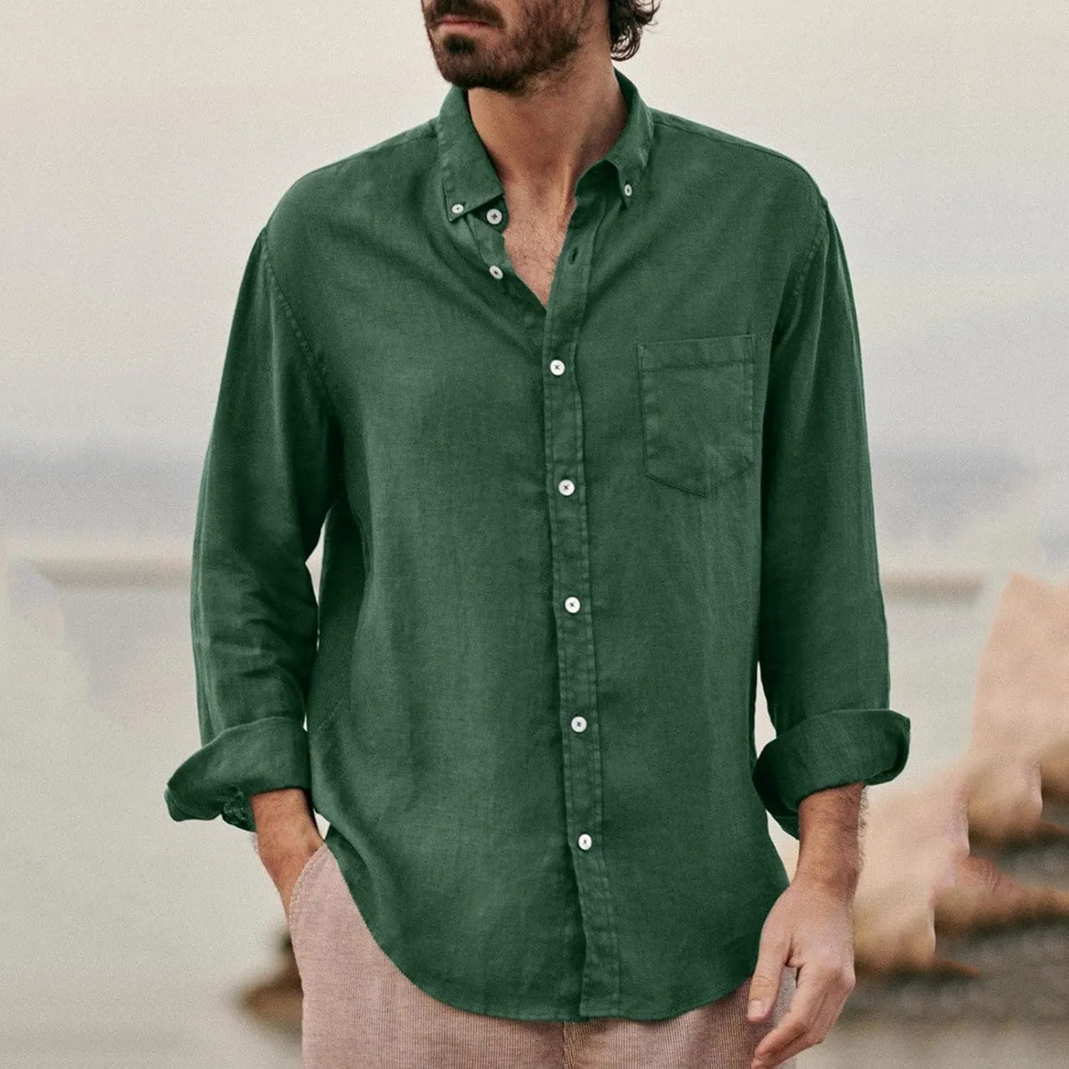 Ymosrh Men's Shirts Fashion Casual Long Sleeve Cotton Linen Solid Color T-Shirt Top Blouse Shirts, S-2XL