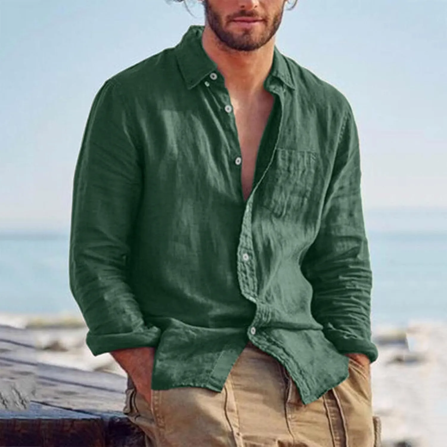 Ymosrh Men's Shirts Fashion Casual Long Sleeve Cotton Linen Solid Color T-Shirt Top Blouse Shirts, S-2XL
