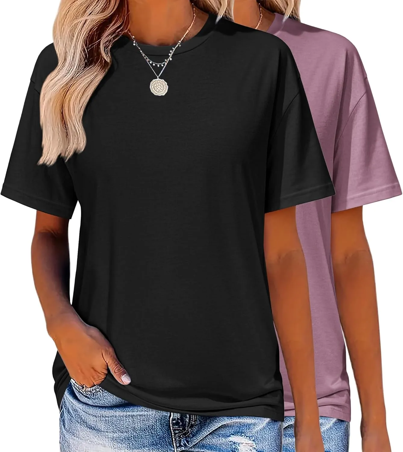 Zeagoo Women's T-Shirts Short Sleeve Tops Summer Casual Blouse Crew Neck Basic Shirt 2 Pack Loose Fit Tee
