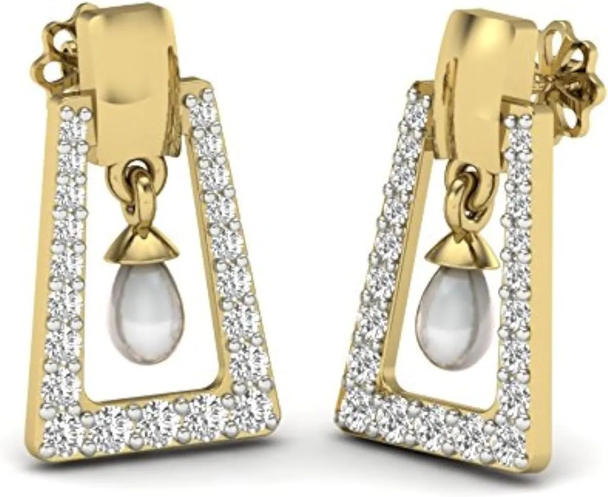 Zircon Encrusted Dangle Earrings with Pearls, 14K Yellow Gold Plated, Gold/White